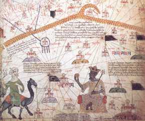 il sovrano Kankan Moussa con la pepita d'oro, in un'antica mappa